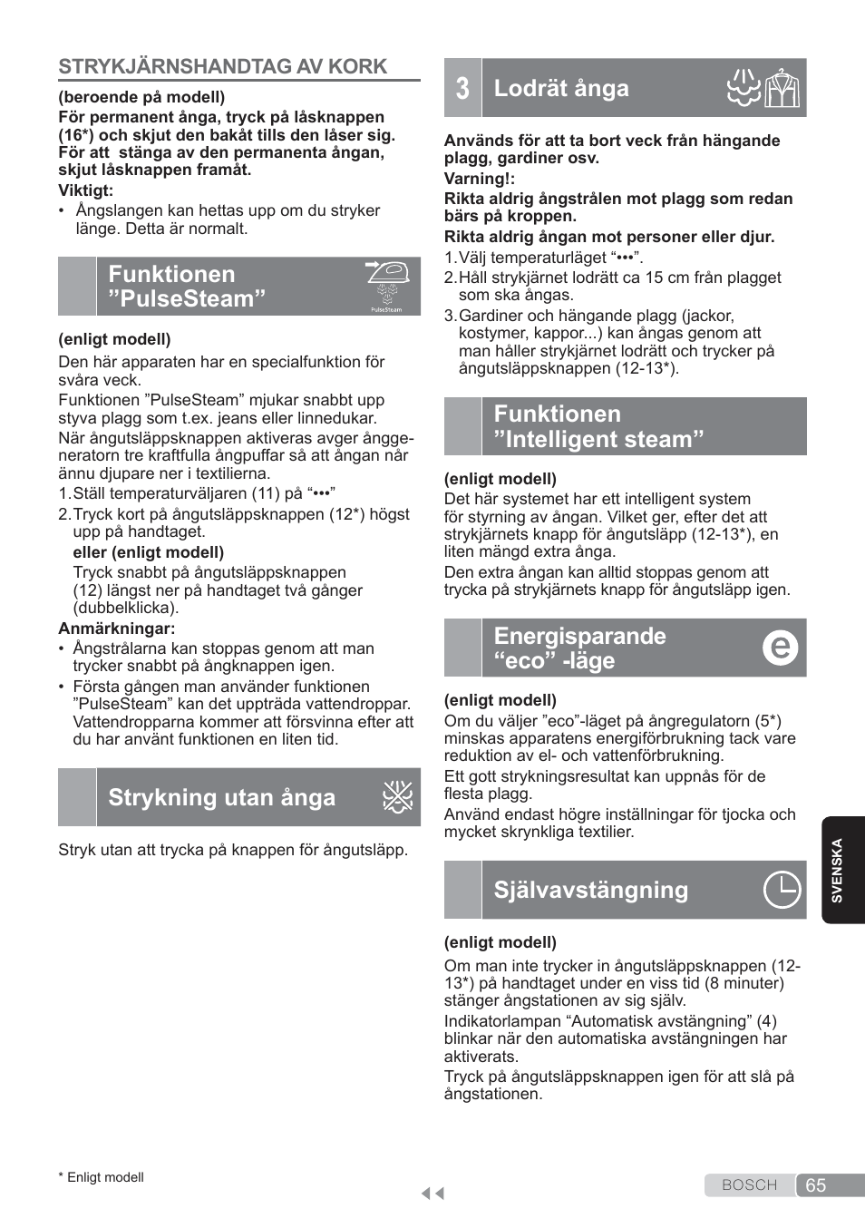Funktionen ”pulse steam, Strykning utan ånga, Lodrät | Funktionen ”intelligent steam, Energisparande “eco” -läge, Självavstängning, Funktionen ”pulsesteam, Lodrät ånga | Bosch TDS3560 schwarz schwarz Dampfstation Sensixx B35L power User Manual | Page 65 / 158