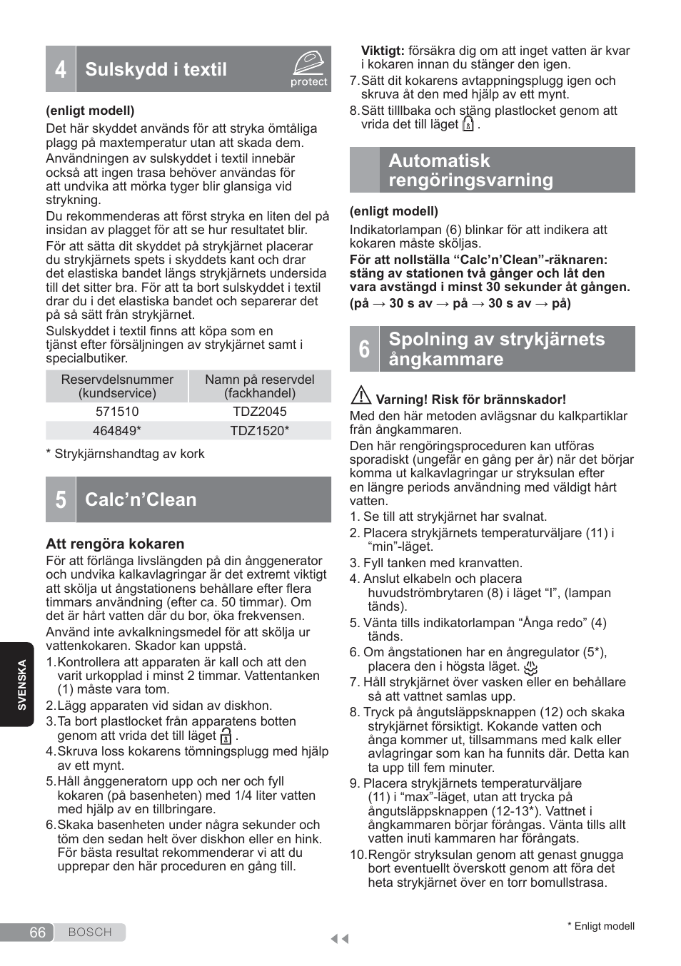 Sulskydd i textil, Calc’n’clean, Automatisk rengöringsvarning | Spolning av strykjärnets ångkammare | Bosch TDS3560 schwarz schwarz Dampfstation Sensixx B35L power User Manual | Page 66 / 158