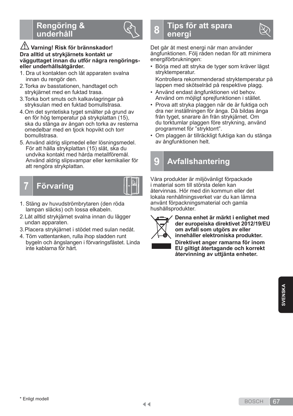 Rengöring & underhåll, Förvaring, Tips för att sparaenergi | 9 avfallshantering, Tips för att spara energi, Avfallshantering | Bosch TDS3560 schwarz schwarz Dampfstation Sensixx B35L power User Manual | Page 67 / 158