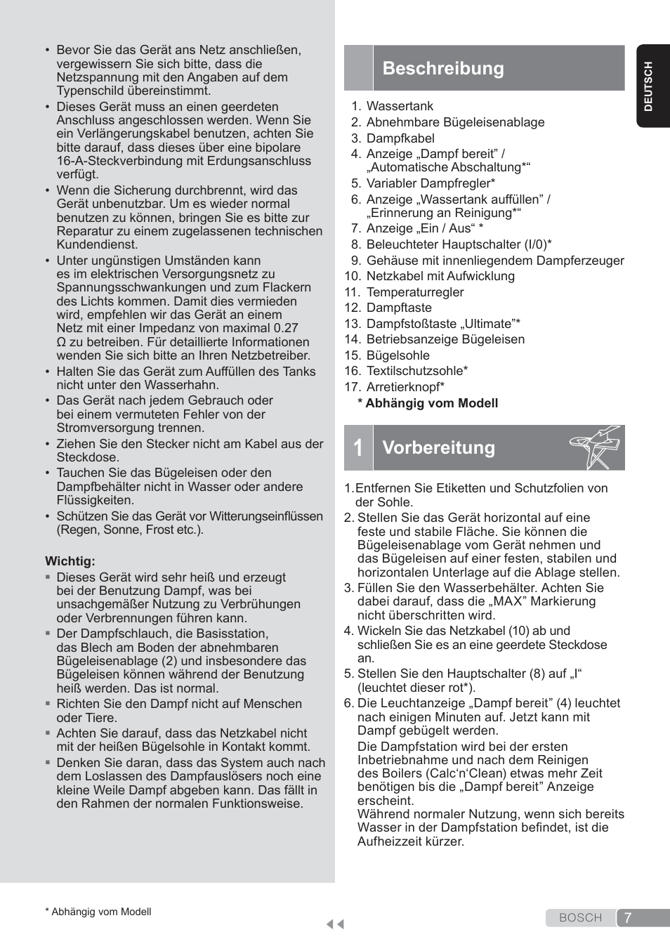 Beschreibung, Vorbereitung | Bosch TDS3560 schwarz schwarz Dampfstation Sensixx B35L power User Manual | Page 7 / 158