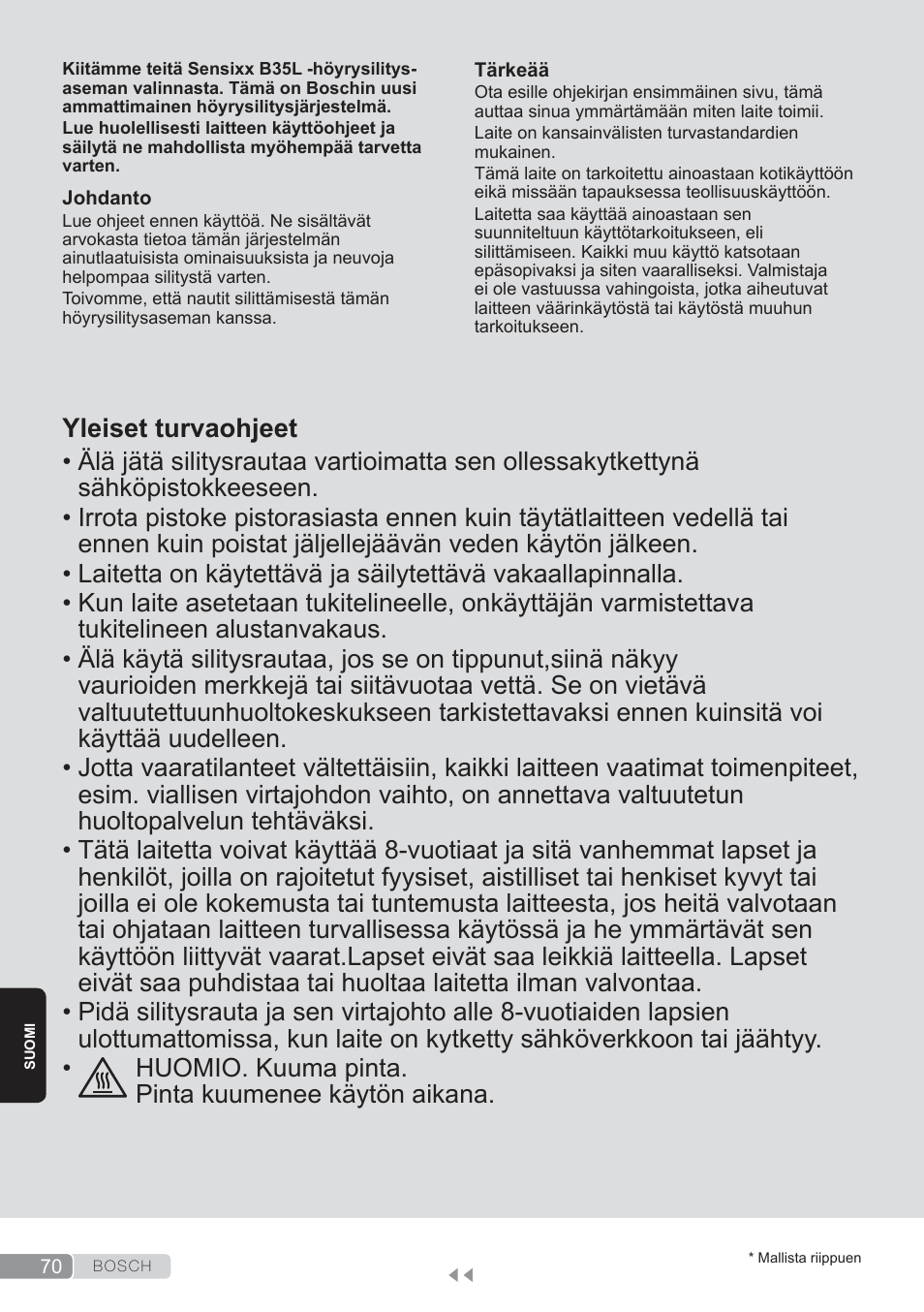 Suomi, Yleiset turvaohjeet | Bosch TDS3560 schwarz schwarz Dampfstation Sensixx B35L power User Manual | Page 70 / 158