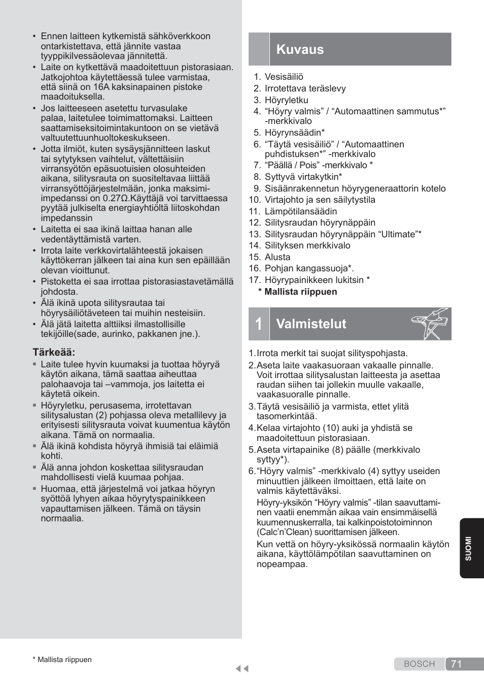Kuvaus, Valmistelut | Bosch TDS3560 schwarz schwarz Dampfstation Sensixx B35L power User Manual | Page 71 / 158
