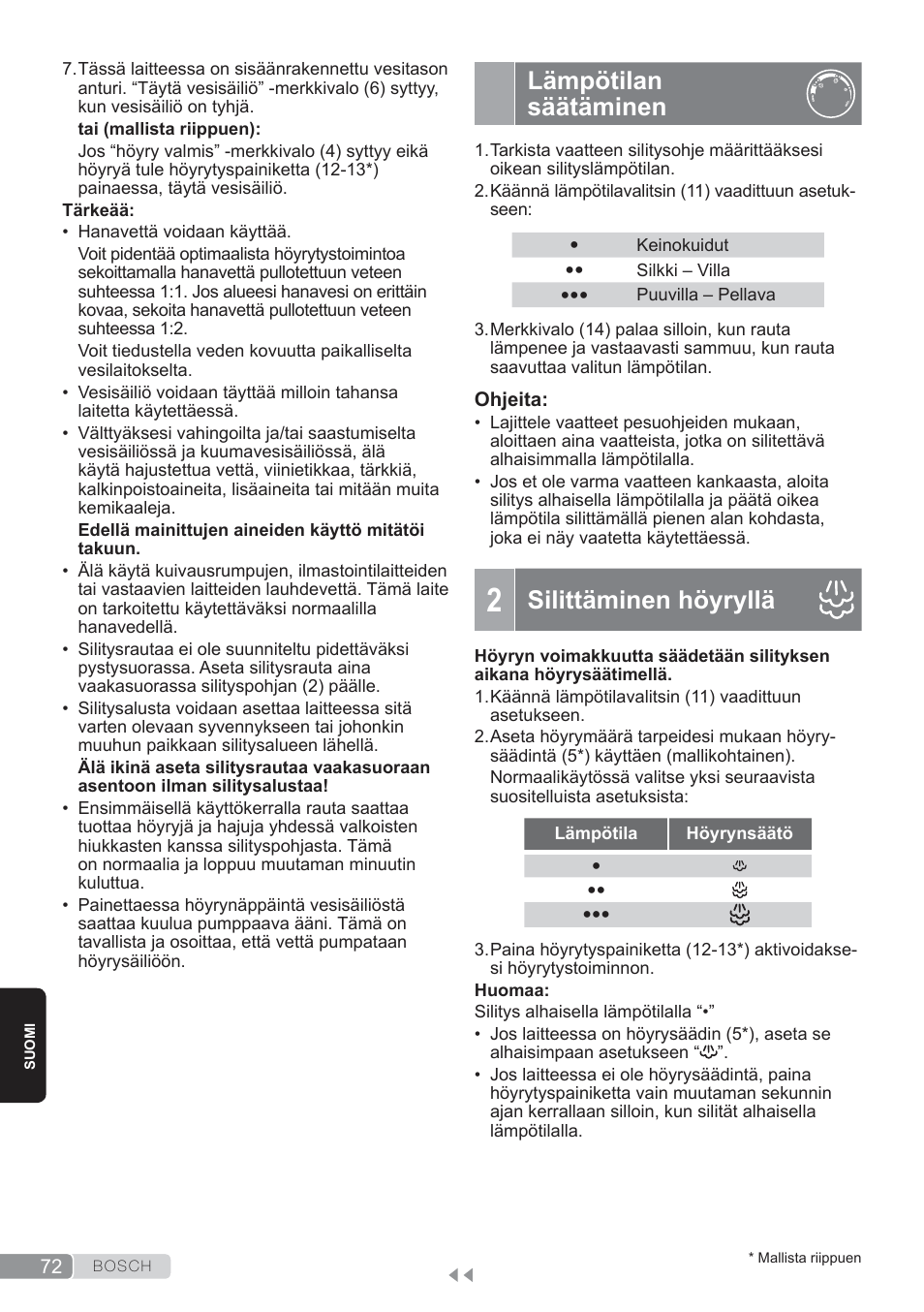 Lämpötilan säätäminen, Silittäminen höyryllä | Bosch TDS3560 schwarz schwarz Dampfstation Sensixx B35L power User Manual | Page 72 / 158