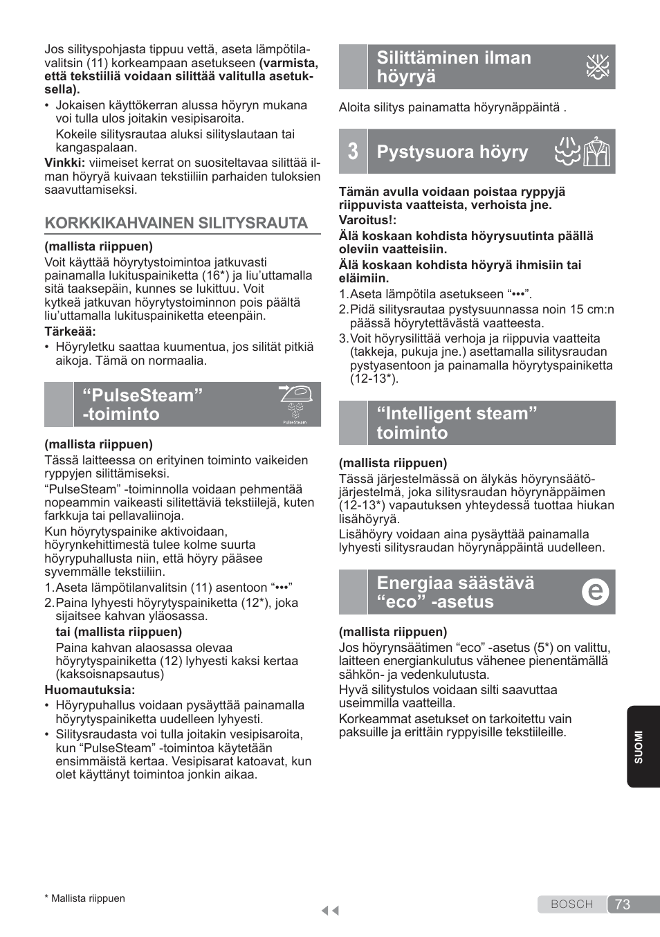 Pulse steam” -toiminto, Silittäminen ilman höyryä, Pystysuora höyry | Intelligent steam” toiminto, Energiaa säästävä “eco” -asetus, Pulsesteam” -toiminto | Bosch TDS3560 schwarz schwarz Dampfstation Sensixx B35L power User Manual | Page 73 / 158