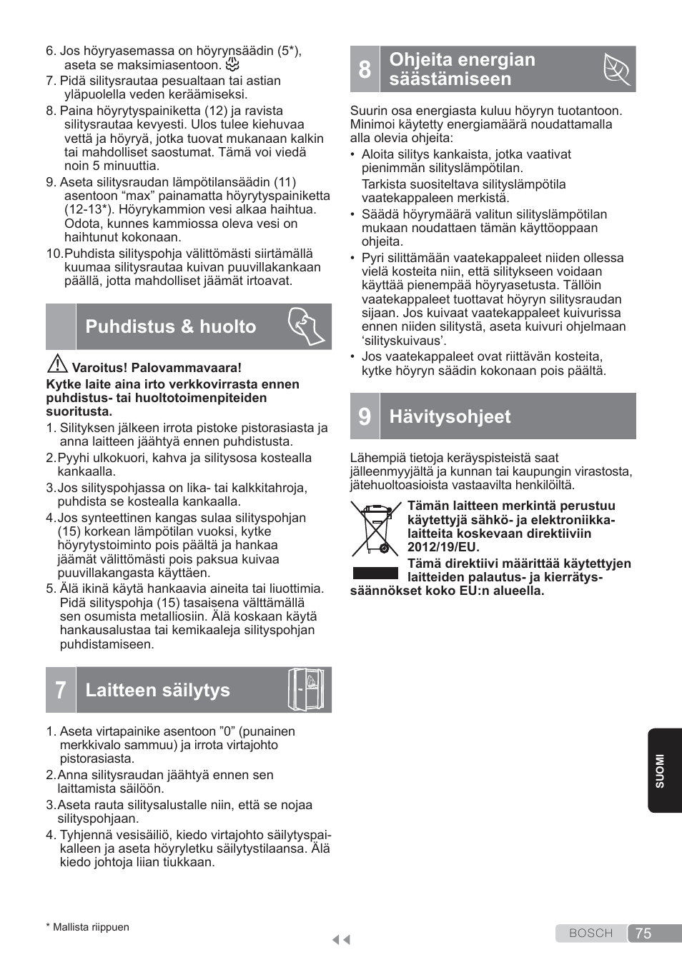 Puhdistus & huolto, Laitteen säilytys, Ohjeita energian säästämiseen | 9 hävitysohjeet, Hävitysohjeet | Bosch TDS3560 schwarz schwarz Dampfstation Sensixx B35L power User Manual | Page 75 / 158