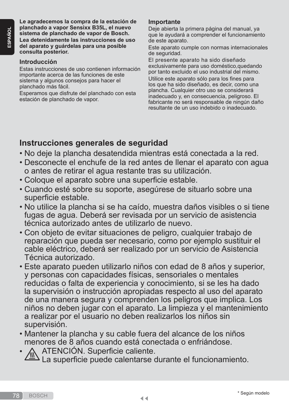 Español, Instrucciones generales de seguridad | Bosch TDS3560 schwarz schwarz Dampfstation Sensixx B35L power User Manual | Page 78 / 158