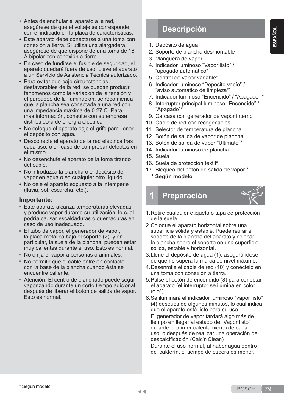 Descripción, Preparacion, Preparación | Bosch TDS3560 schwarz schwarz Dampfstation Sensixx B35L power User Manual | Page 79 / 158