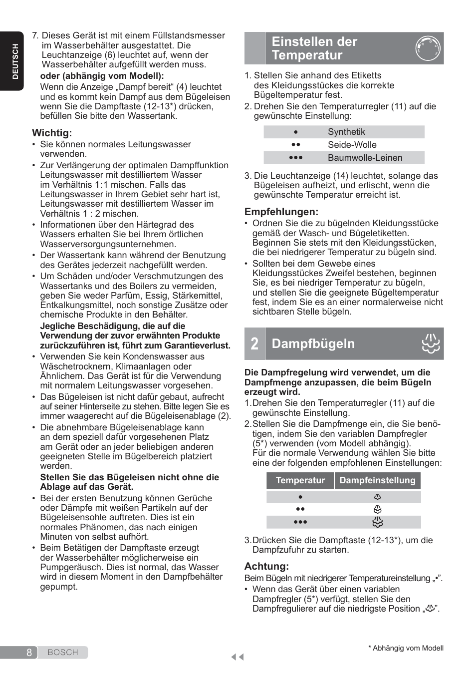 Einstellen der temperatur, Dampfbügeln | Bosch TDS3560 schwarz schwarz Dampfstation Sensixx B35L power User Manual | Page 8 / 158