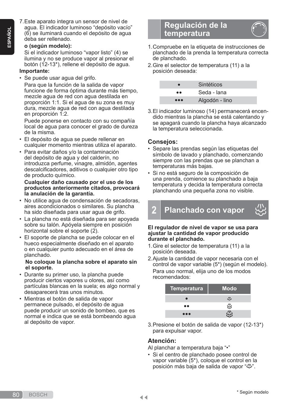 Regulación de la temperatura, Planchado con vapor | Bosch TDS3560 schwarz schwarz Dampfstation Sensixx B35L power User Manual | Page 80 / 158
