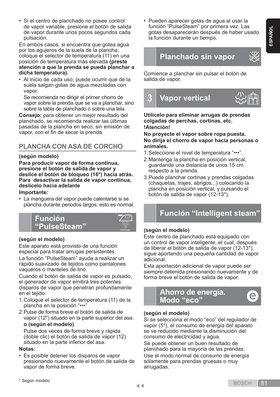 Función “pulse steam, Planchado sin vapor, Vapor vertical | Función “intelligent steam, Ahorro de energía. modo “eco, Función “pulsesteam | Bosch TDS3560 schwarz schwarz Dampfstation Sensixx B35L power User Manual | Page 81 / 158