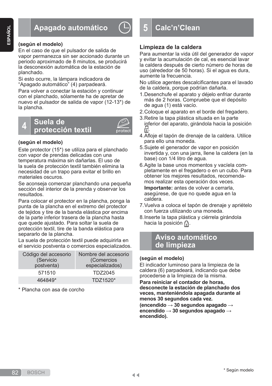 Apagado automatico, Suela de protección textil, Calc’n’clean | Aviso automático de limpieza, Apagado automático | Bosch TDS3560 schwarz schwarz Dampfstation Sensixx B35L power User Manual | Page 82 / 158