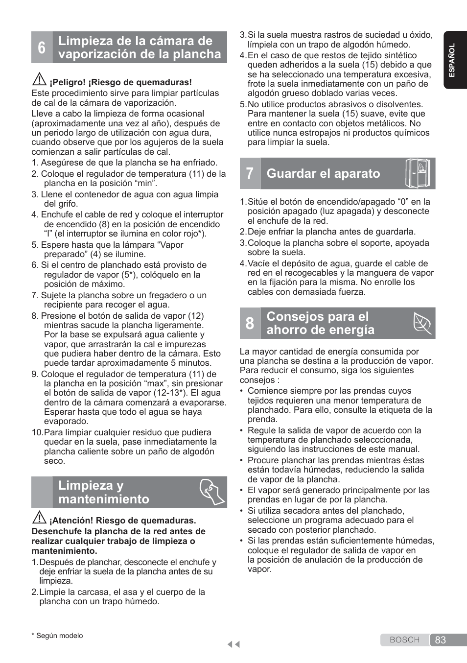Limpieza y mantenimiento, Guardar el aparato, Consejos para el ahorro de energía | Bosch TDS3560 schwarz schwarz Dampfstation Sensixx B35L power User Manual | Page 83 / 158