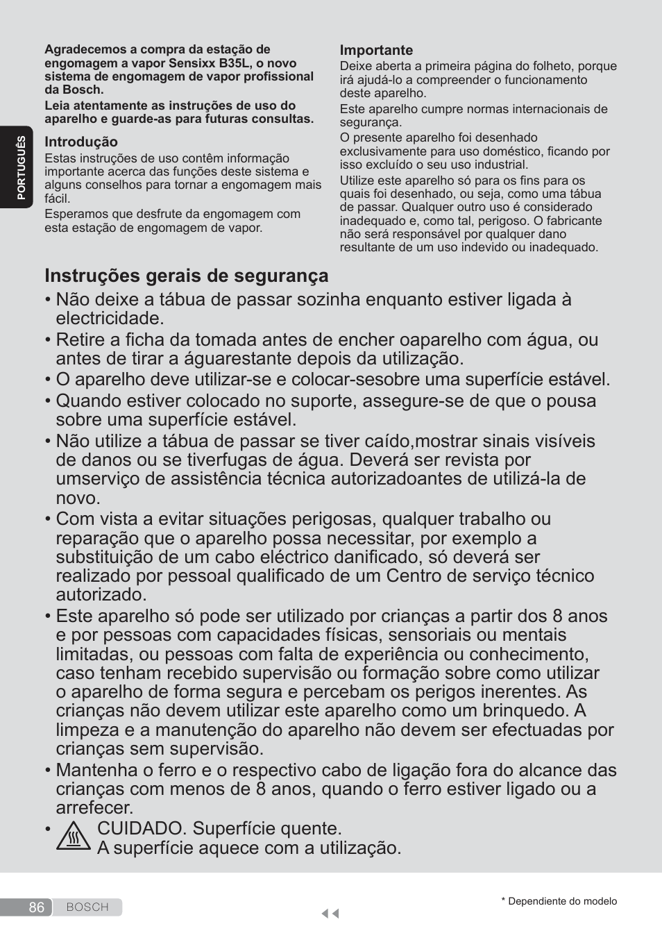 Português, Instruções gerais de segurança | Bosch TDS3560 schwarz schwarz Dampfstation Sensixx B35L power User Manual | Page 86 / 158