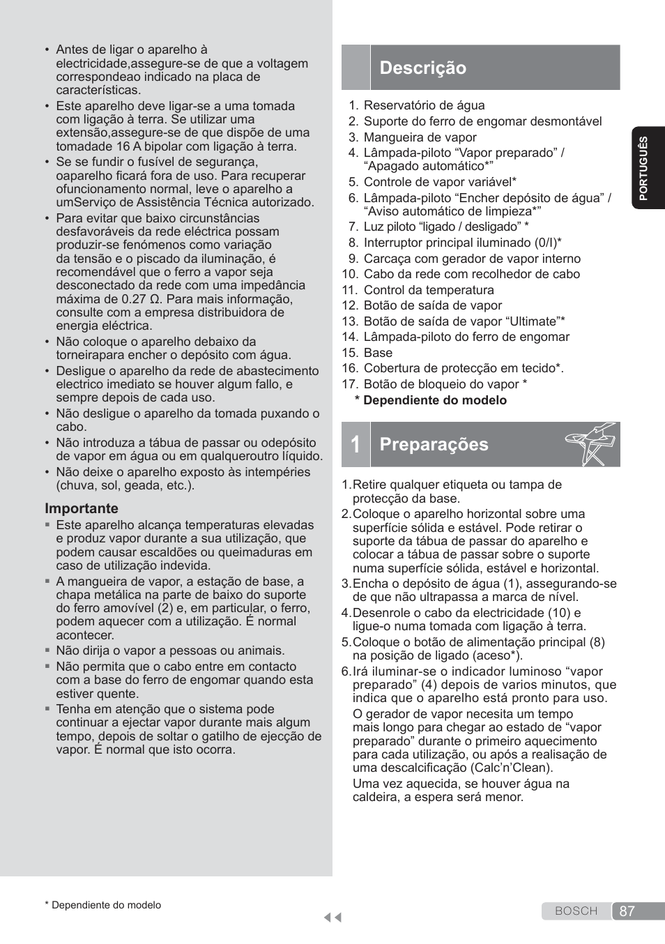 Descrição, Preparações | Bosch TDS3560 schwarz schwarz Dampfstation Sensixx B35L power User Manual | Page 87 / 158