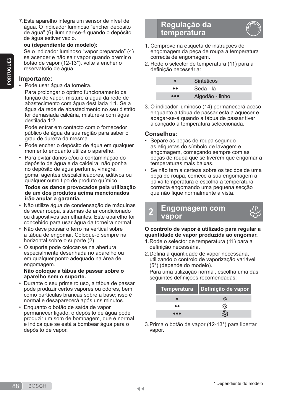 Regulação da temperatura, Engomagem com vapor | Bosch TDS3560 schwarz schwarz Dampfstation Sensixx B35L power User Manual | Page 88 / 158