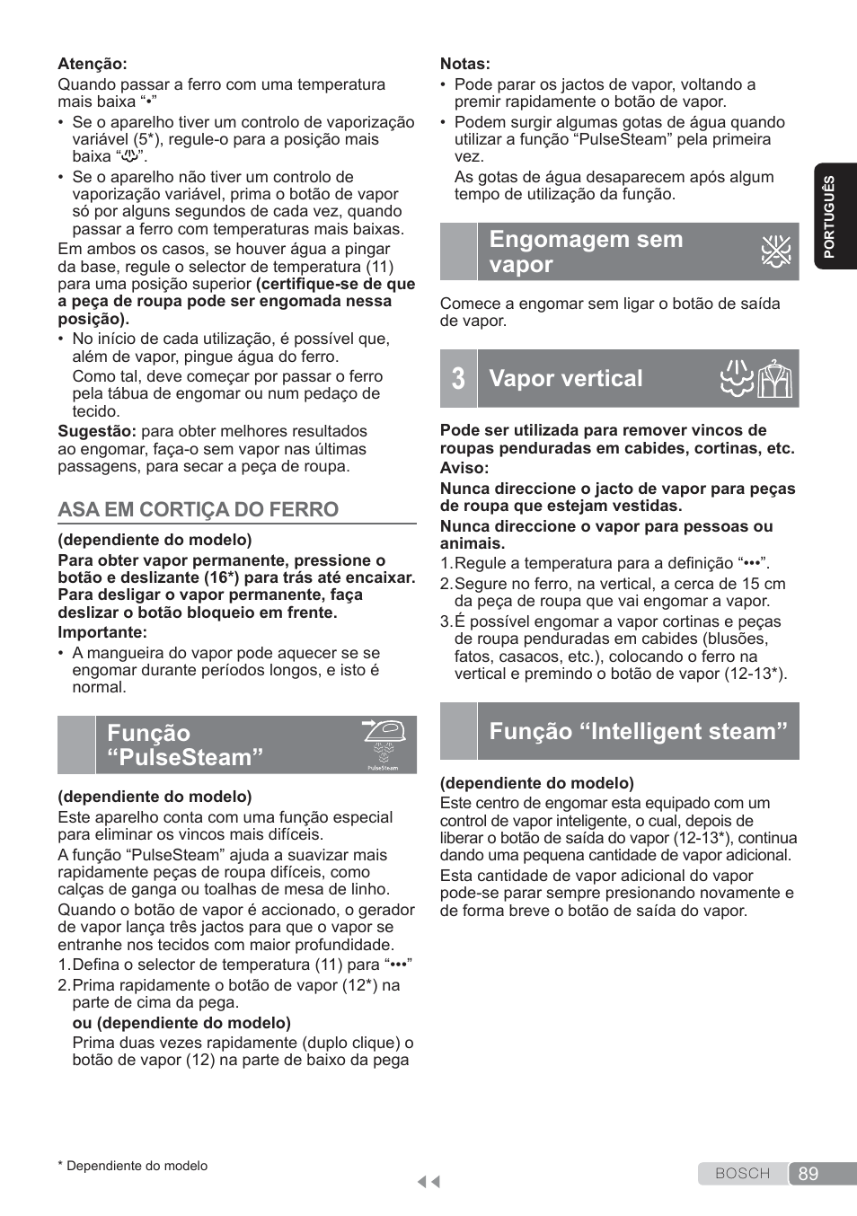 Função “pulse steam, Engomagem sem vapor, Vapor vertical | Função “intelligent steam, Função “pulsesteam, Asa em cortiça do ferro | Bosch TDS3560 schwarz schwarz Dampfstation Sensixx B35L power User Manual | Page 89 / 158