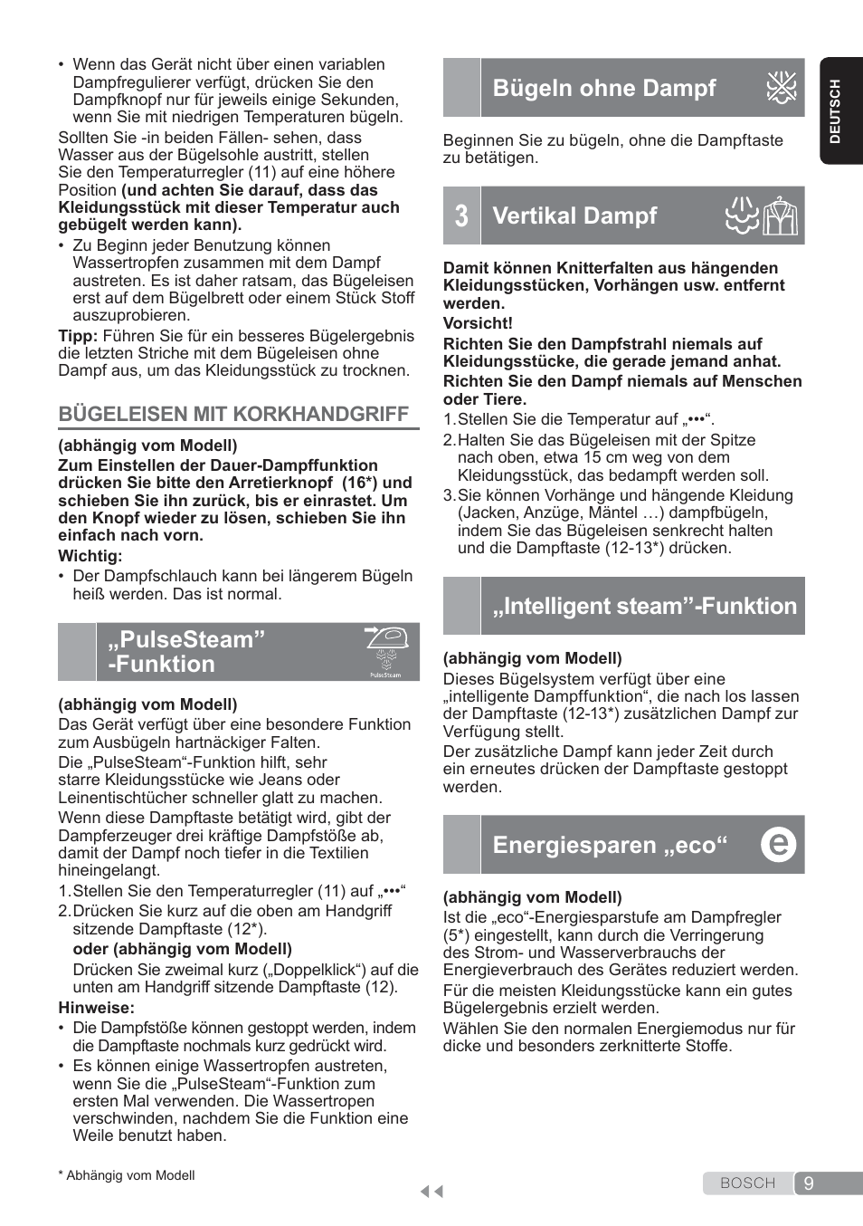 Pulse steam”-funktion, Bügeln ohne dampf, Vertikal dampf | Intelligent steam”-funktion, Energiesparen „eco, Pulsesteam” -funktion | Bosch TDS3560 schwarz schwarz Dampfstation Sensixx B35L power User Manual | Page 9 / 158