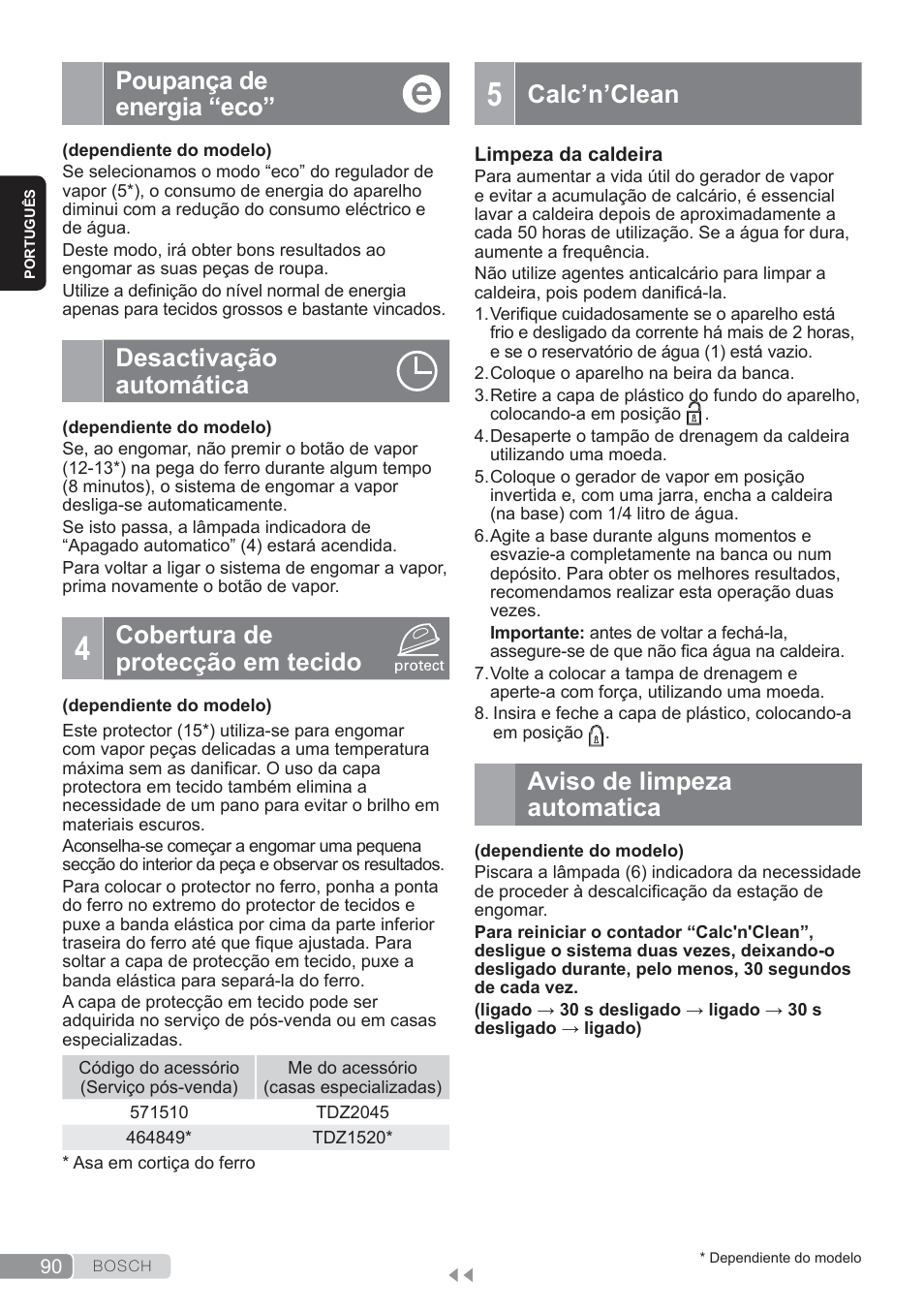 Poupança de energia “eco, Desactivação automática, Cobertura de protecção em tecido | Calc’n’clean, Aviso de limpeza automatica | Bosch TDS3560 schwarz schwarz Dampfstation Sensixx B35L power User Manual | Page 90 / 158