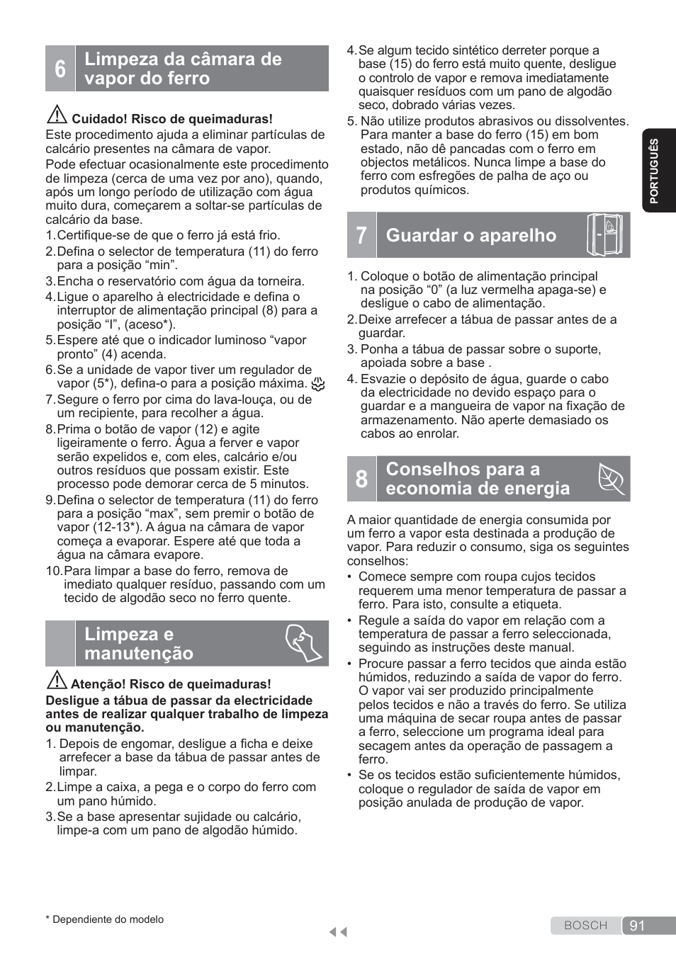 Limpeza da câmara de vapor do ferro, Limpeza e manutenção, Guardar o aparelho | Conselhos para aeconomia de energia, Conselhos para a economia de energia | Bosch TDS3560 schwarz schwarz Dampfstation Sensixx B35L power User Manual | Page 91 / 158