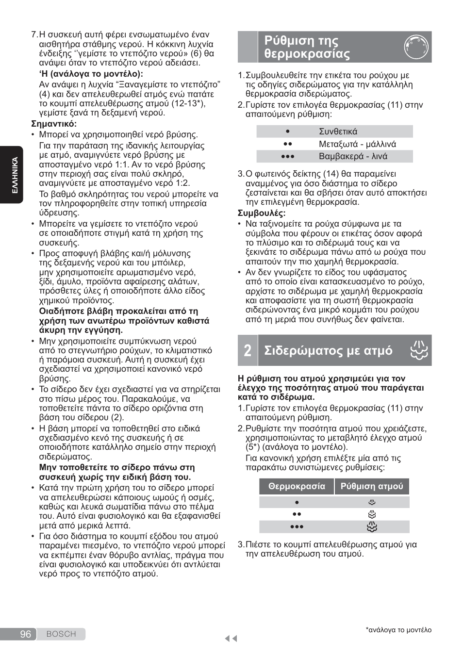 Ρύθμιση της θερμοκρασίας, Σιδερώματος με ατμό | Bosch TDS3560 schwarz schwarz Dampfstation Sensixx B35L power User Manual | Page 96 / 158