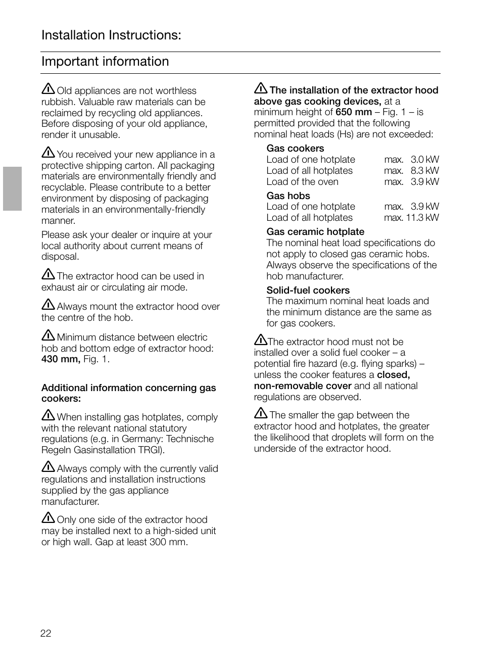 Important information installation instructions | Bosch DHI655FX grau-metallic Flachschirmhaube 60 cm User Manual | Page 22 / 100