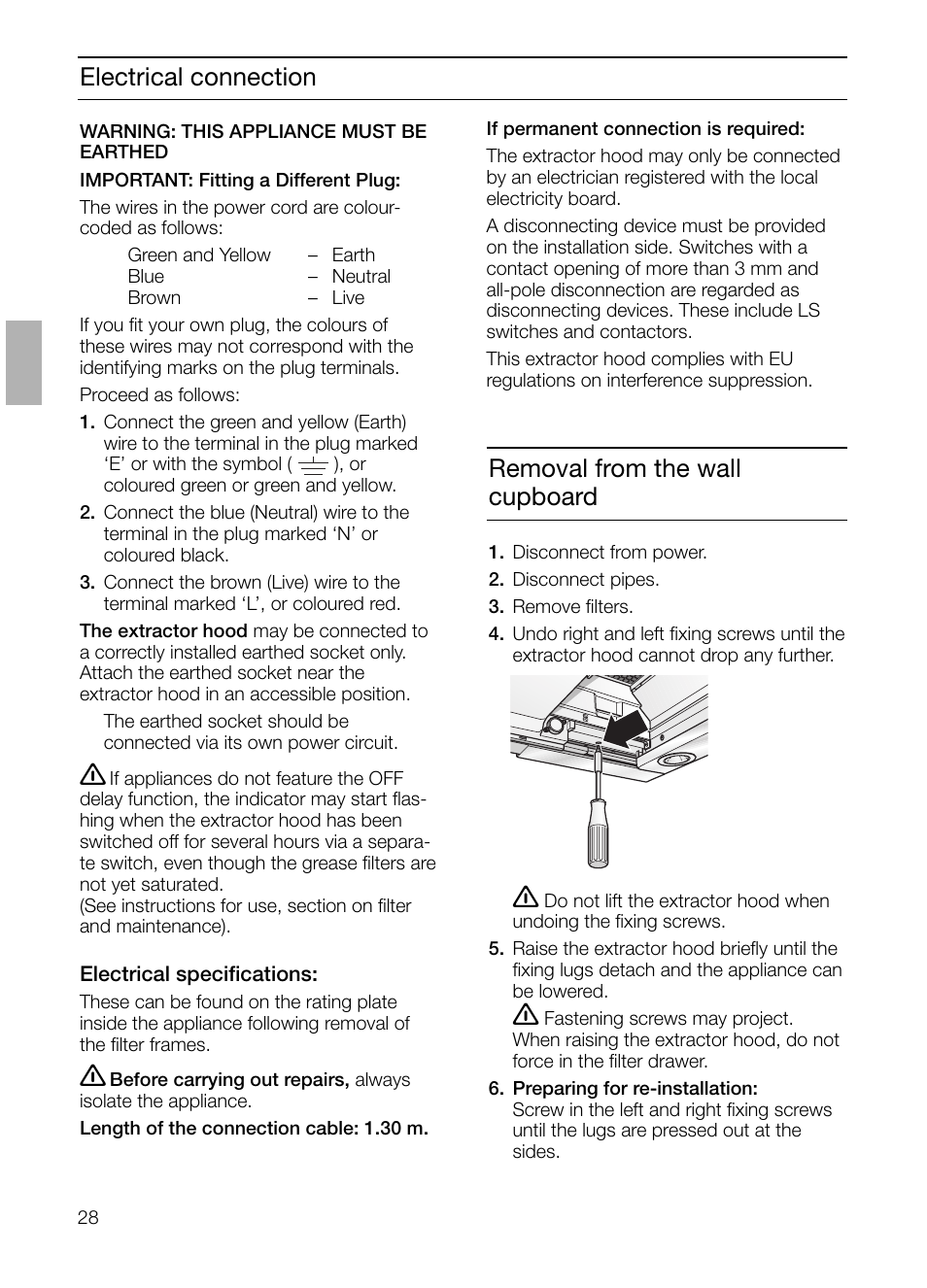 Electrical connection, Removal from the wall cupboard | Bosch DHI655FX grau-metallic Flachschirmhaube 60 cm User Manual | Page 28 / 100
