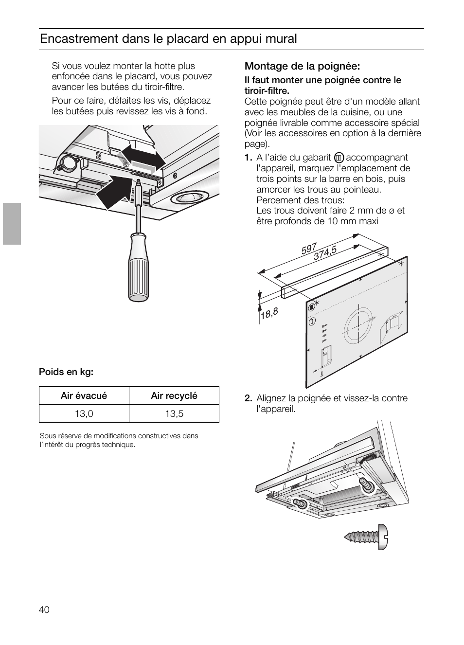 Encastrement dans le placard en appui mural | Bosch DHI655FX grau-metallic Flachschirmhaube 60 cm User Manual | Page 40 / 100