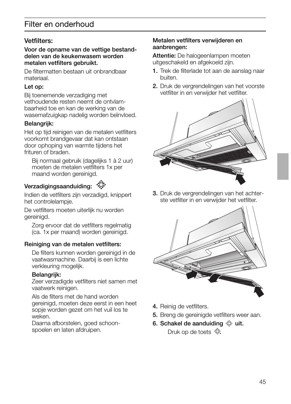 Filter en onderhoud | Bosch DHI655FX grau-metallic Flachschirmhaube 60 cm User Manual | Page 45 / 100