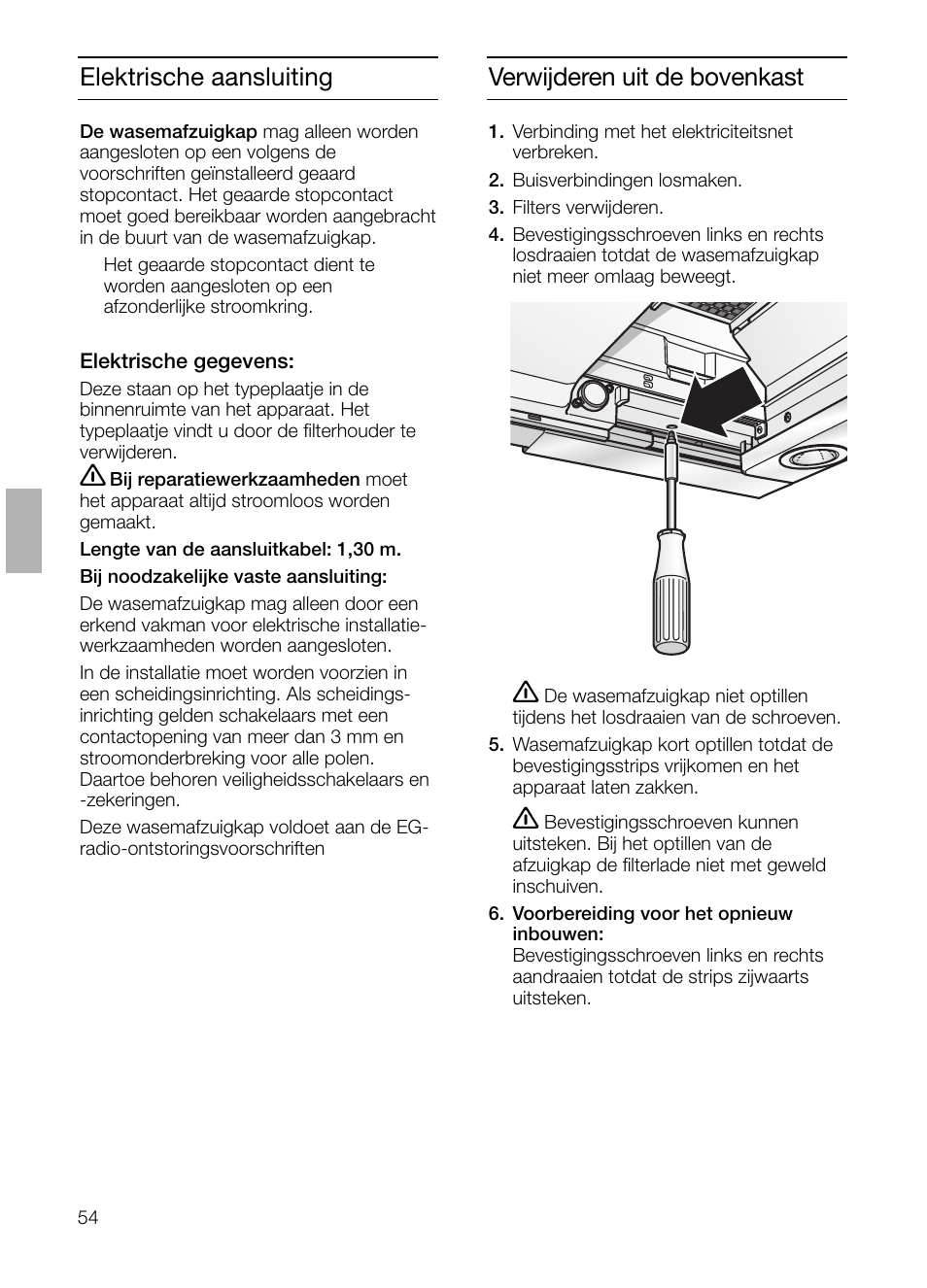 Verwijderen uit de bovenkast, Elektrische aansluiting | Bosch DHI655FX grau-metallic Flachschirmhaube 60 cm User Manual | Page 54 / 100