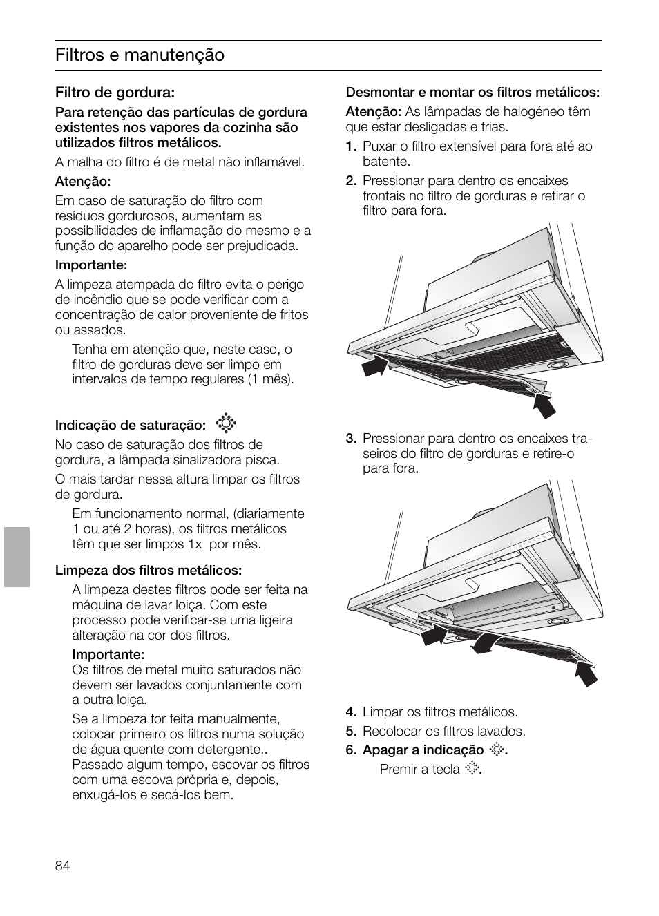 Filtros e manutenção | Bosch DHI655FX grau-metallic Flachschirmhaube 60 cm User Manual | Page 84 / 100