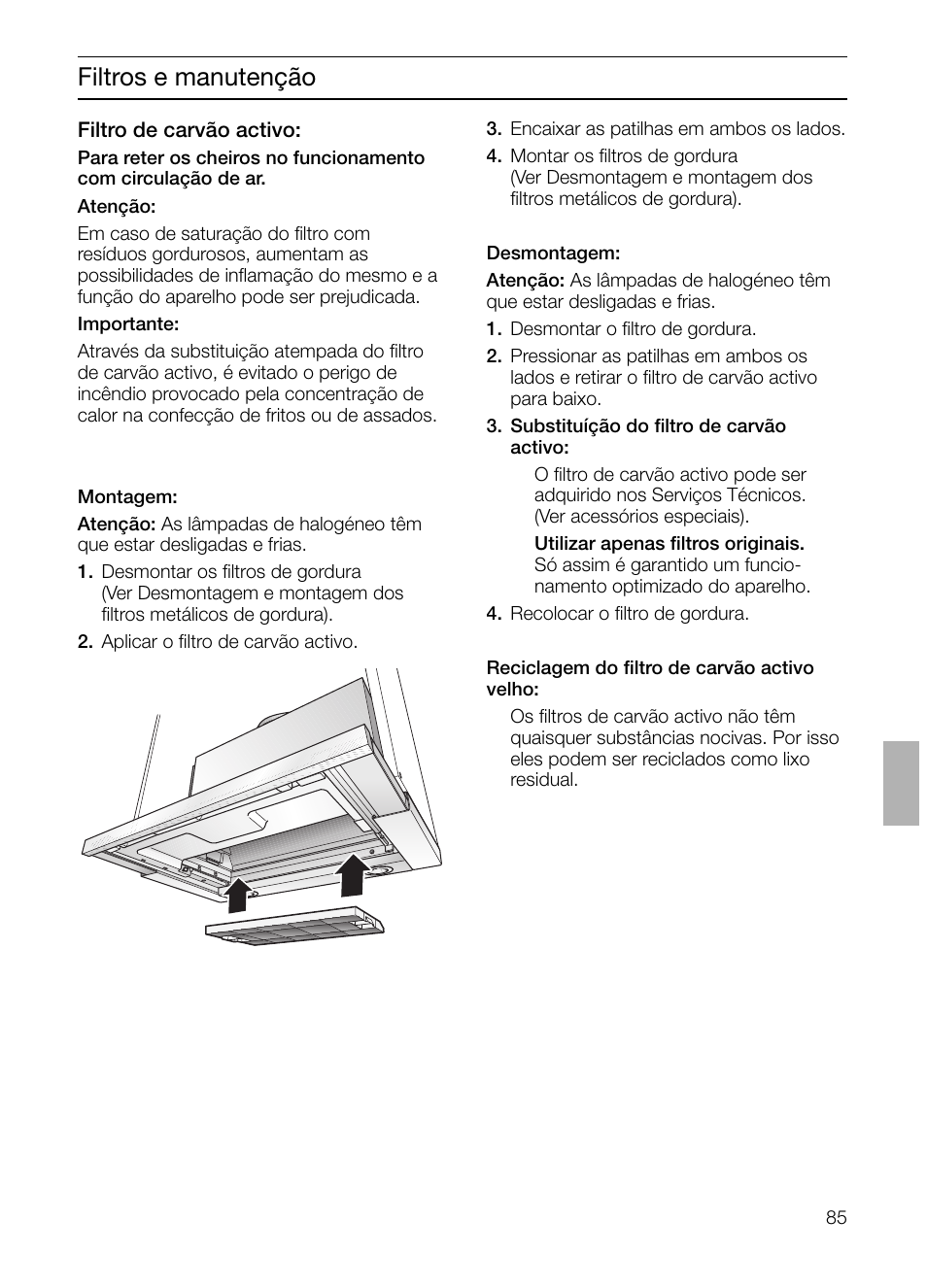 Filtros e manutenção | Bosch DHI655FX grau-metallic Flachschirmhaube 60 cm User Manual | Page 85 / 100