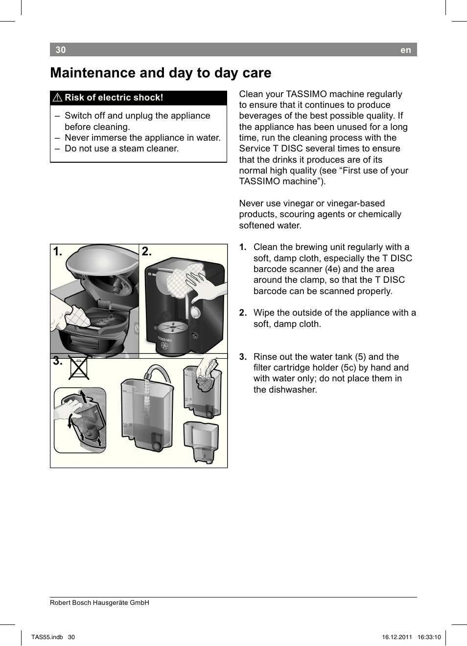 Maintenance!and!day!to!day!care | Bosch TASSIMO Multi-Getränke-Automat T55 TAS5544 linen white weiß User Manual | Page 32 / 190