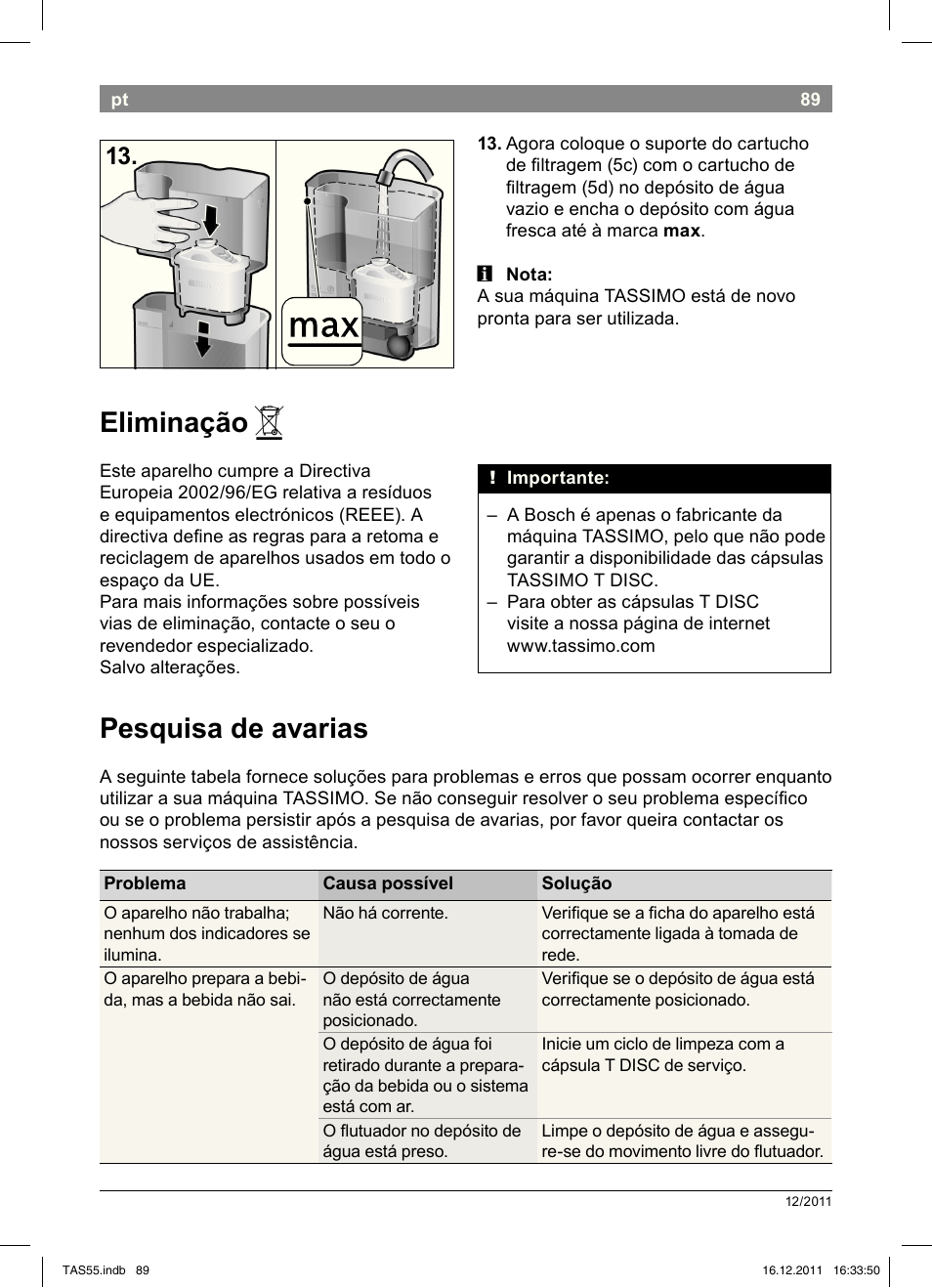 Eliminação, Pesquisa!de!avarias | Bosch TASSIMO Multi-Getränke-Automat T55 TAS5544 linen white weiß User Manual | Page 91 / 190
