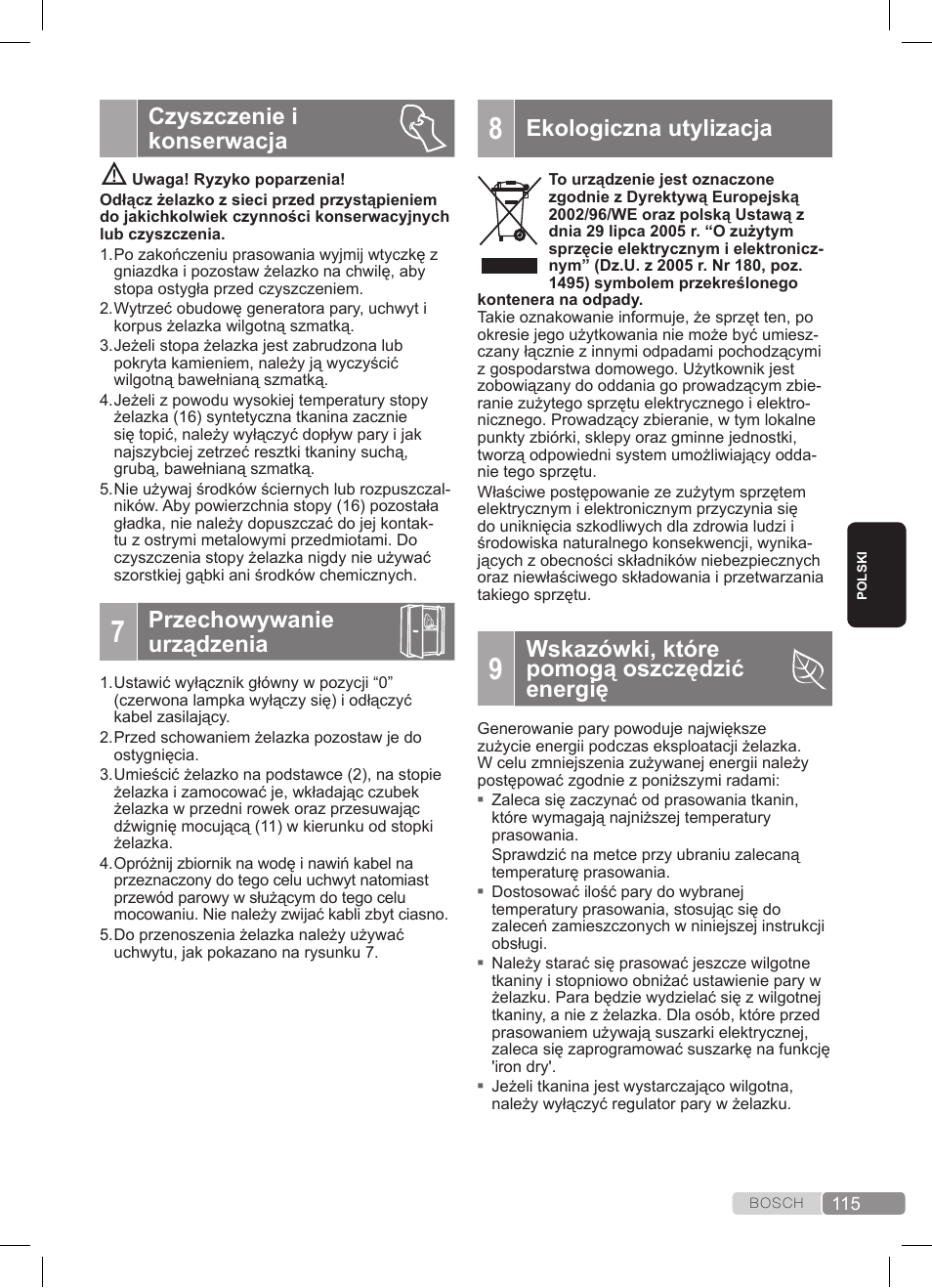 Czyszczenie i konserwacja, Przechowywanie urządzenia, Ekologiczna utylizacja | Wskazówki, które pomogą oszczędzić energię | Bosch TDS372410E weiß grün Dampfstation Sensixx DS37 ProEnergy User Manual | Page 115 / 160