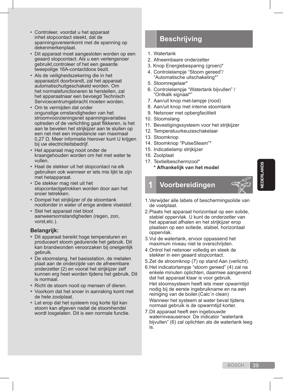 Beschrijving, Voorbereidingen | Bosch TDS372410E weiß grün Dampfstation Sensixx DS37 ProEnergy User Manual | Page 39 / 160