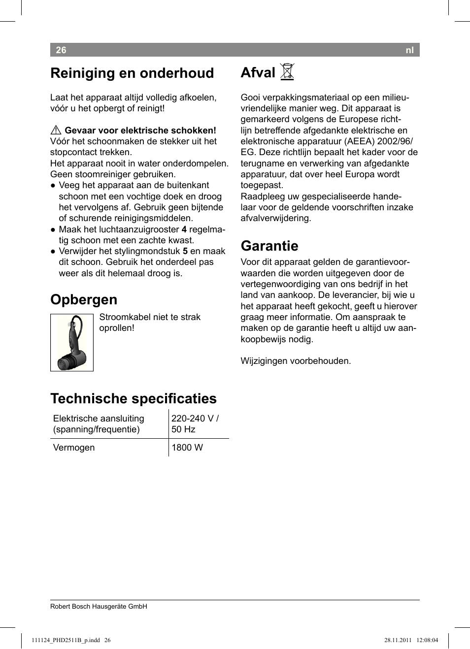 Reiniging en onderhoud, Opbergen, Technische specii caties | Afval, Garantie | Bosch PHD2511 Haartrockner StarShine DryStyle User Manual | Page 28 / 100