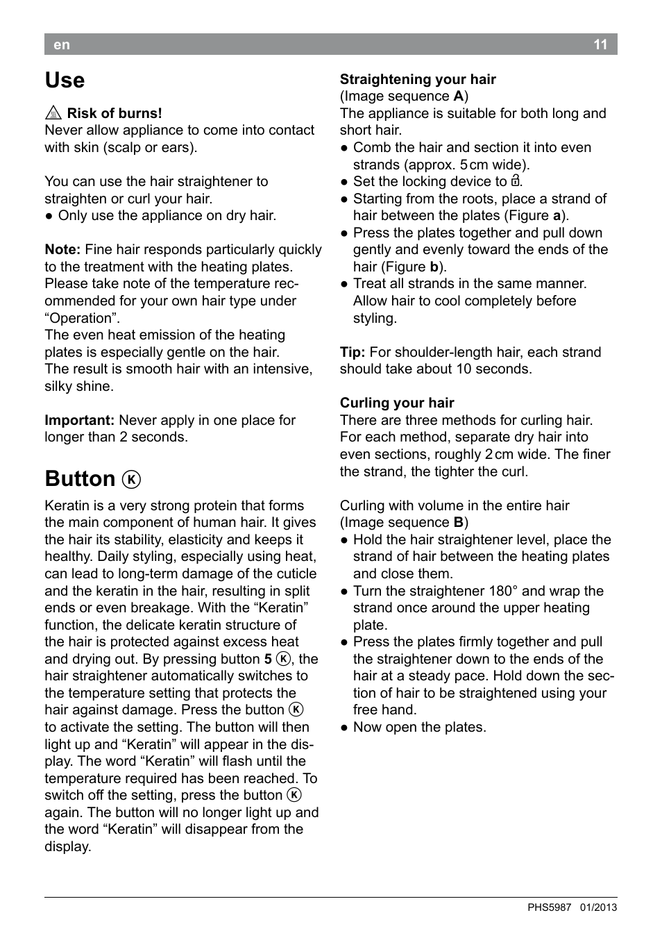 Button | Bosch PHS5987S Keratin Advance Haarglätter SYOSS Glanzversiegelungs-Fluid User Manual | Page 15 / 132