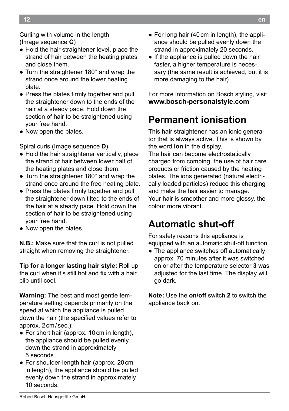 Permanent ionisation, Automatic shut-off | Bosch PHS5987S Keratin Advance Haarglätter SYOSS Glanzversiegelungs-Fluid User Manual | Page 16 / 132