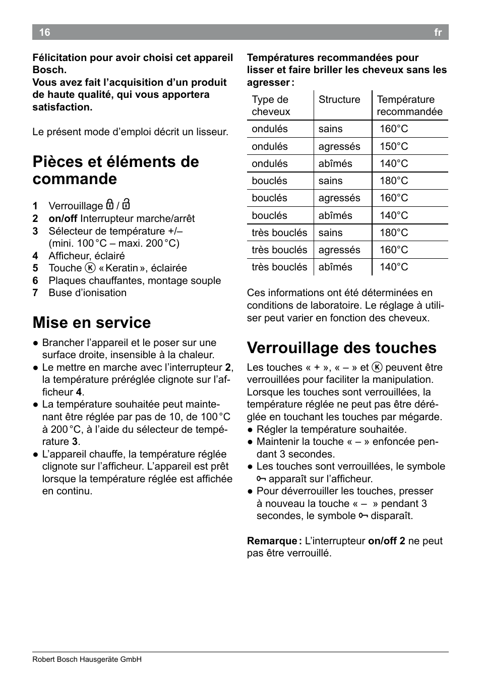 Pièces et éléments de commande, Mise en service, Verrouillage des touches | Bosch PHS5987S Keratin Advance Haarglätter SYOSS Glanzversiegelungs-Fluid User Manual | Page 20 / 132