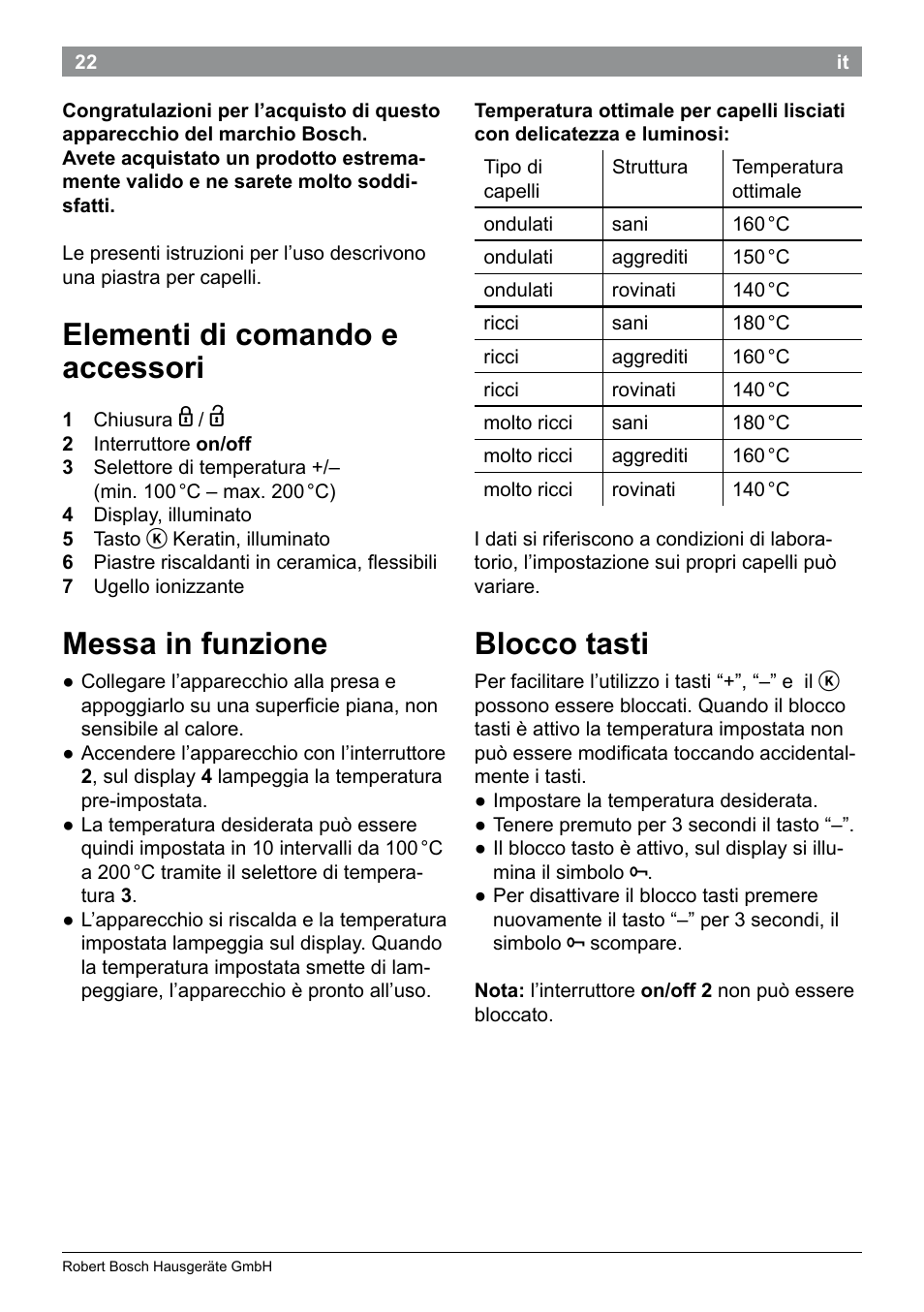 Elementi di comando e accessori, Messa in funzione, Blocco tasti | Bosch PHS5987S Keratin Advance Haarglätter SYOSS Glanzversiegelungs-Fluid User Manual | Page 26 / 132