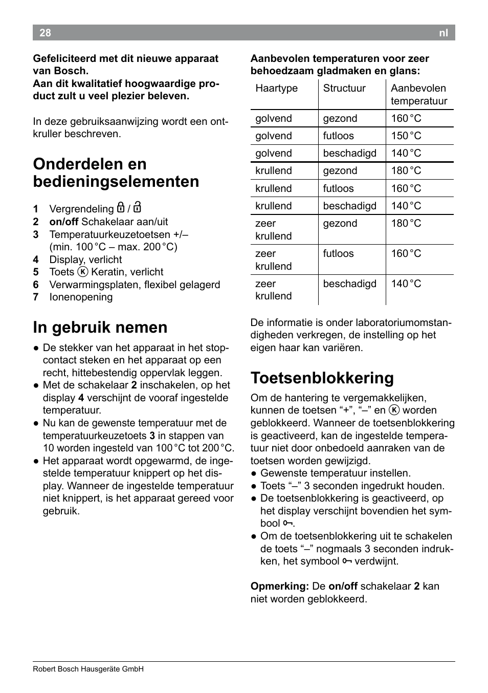 Onderdelen en bedieningselementen, Toetsenblokkering | Bosch PHS5987S Keratin Advance Haarglätter SYOSS Glanzversiegelungs-Fluid User Manual | Page 32 / 132