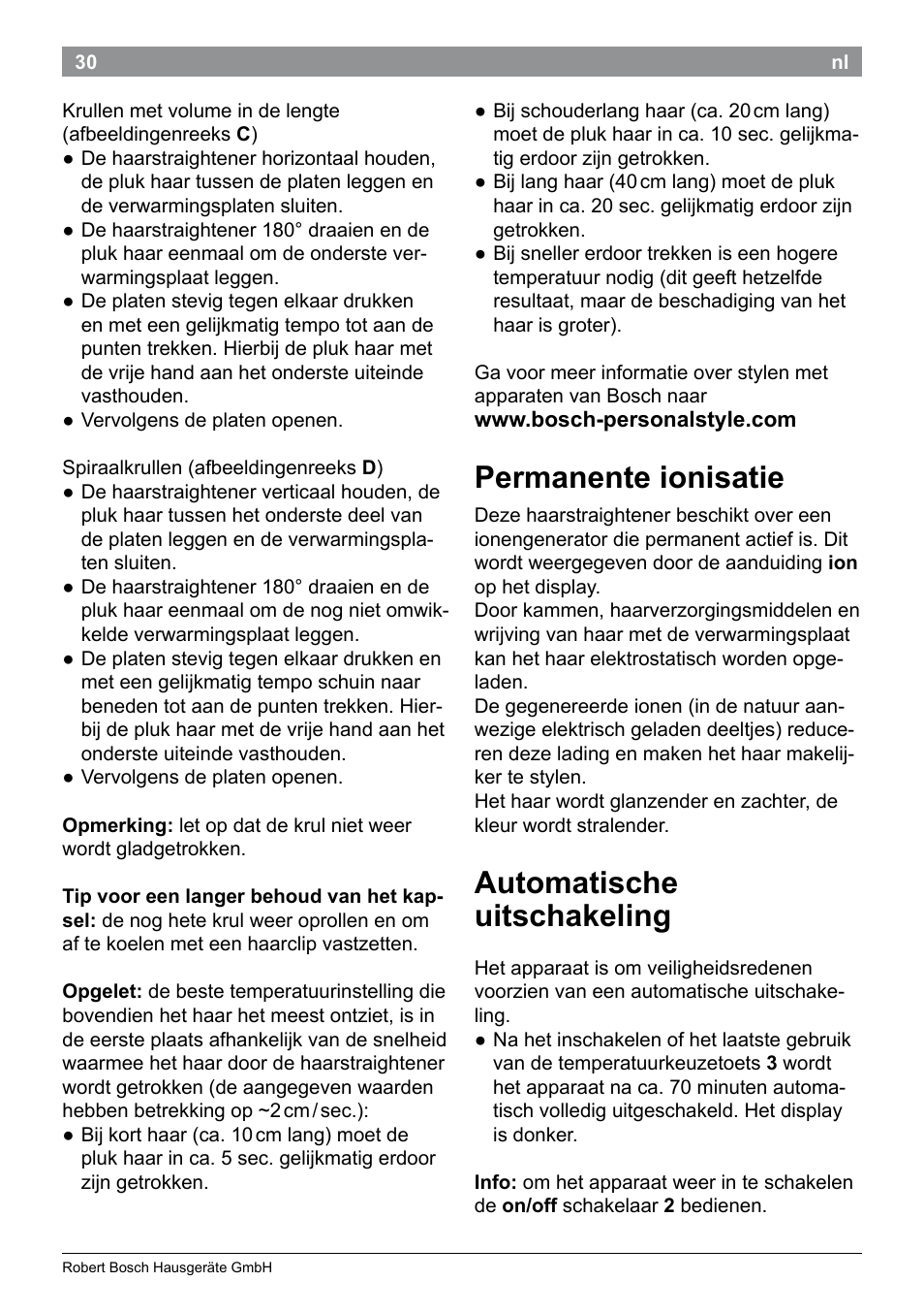 Permanente ionisatie, Automatische uitschakeling | Bosch PHS5987S Keratin Advance Haarglätter SYOSS Glanzversiegelungs-Fluid User Manual | Page 34 / 132