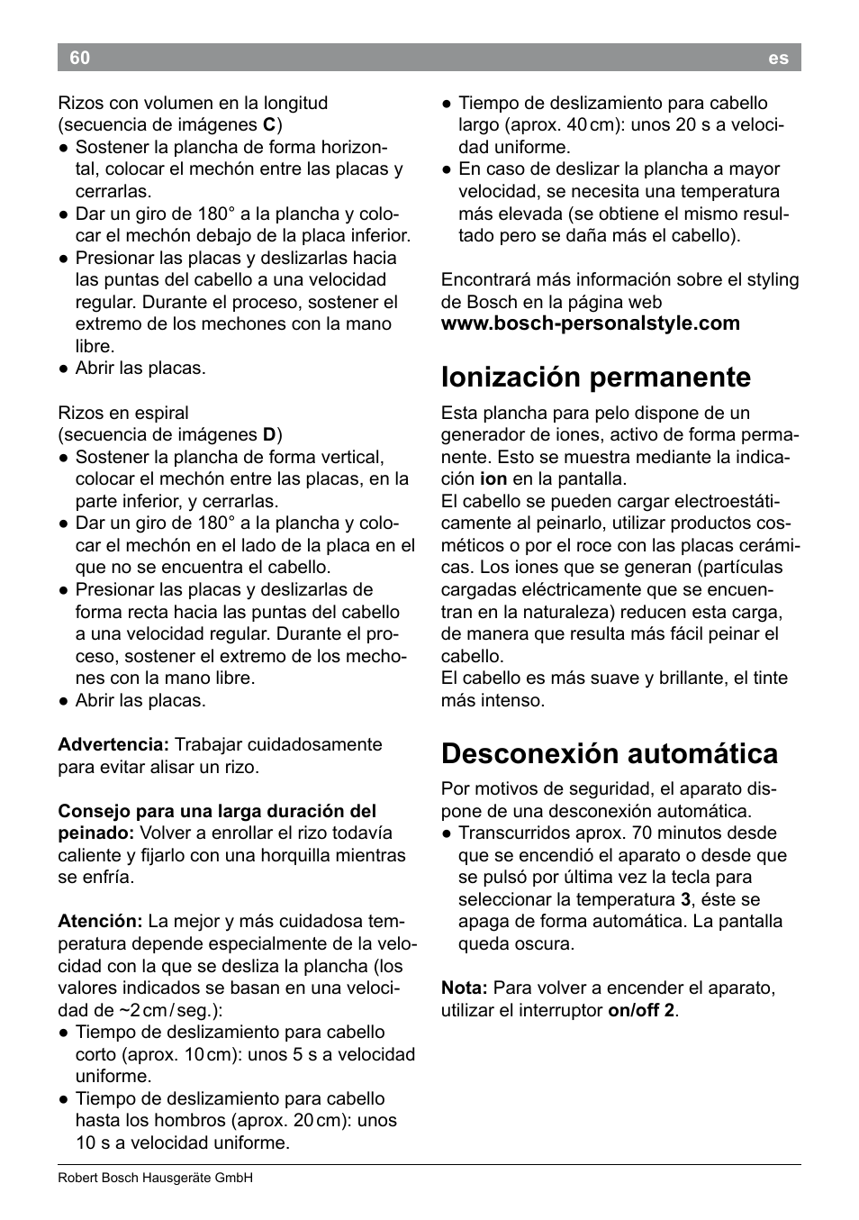 Ionización permanente, Desconexión automática | Bosch PHS5987S Keratin Advance Haarglätter SYOSS Glanzversiegelungs-Fluid User Manual | Page 64 / 132