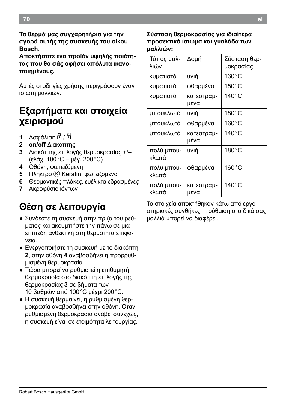 Εξαρτήματα και στοιχεία χειρισμού, Θέση σε λειτουργία | Bosch PHS5987S Keratin Advance Haarglätter SYOSS Glanzversiegelungs-Fluid User Manual | Page 74 / 132