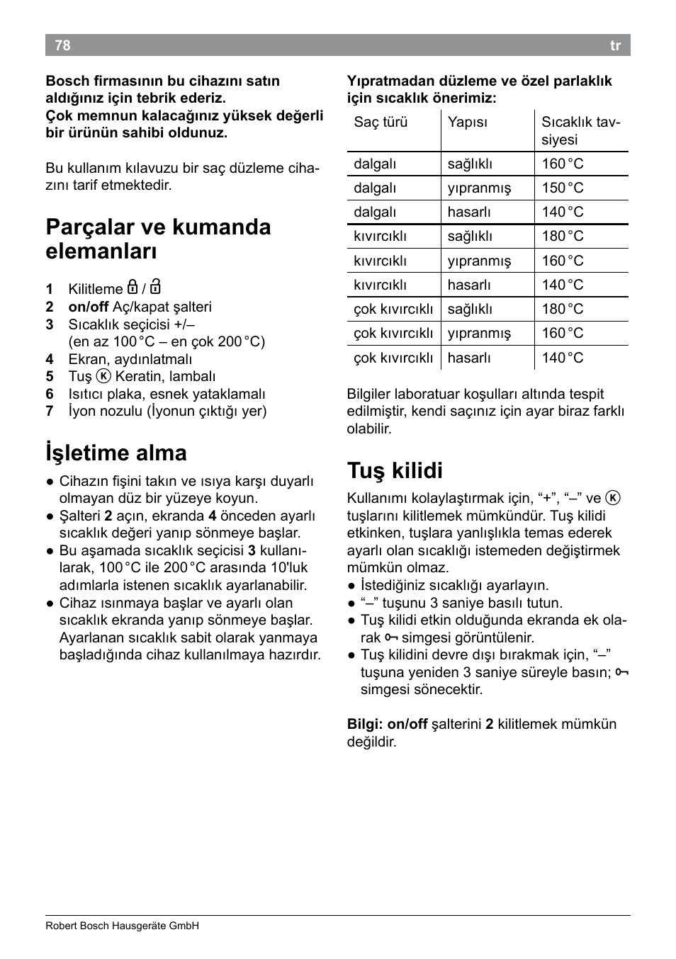 Parçalar ve kumanda elemanları, Işletime alma, Tuş kilidi | Bosch PHS5987S Keratin Advance Haarglätter SYOSS Glanzversiegelungs-Fluid User Manual | Page 82 / 132