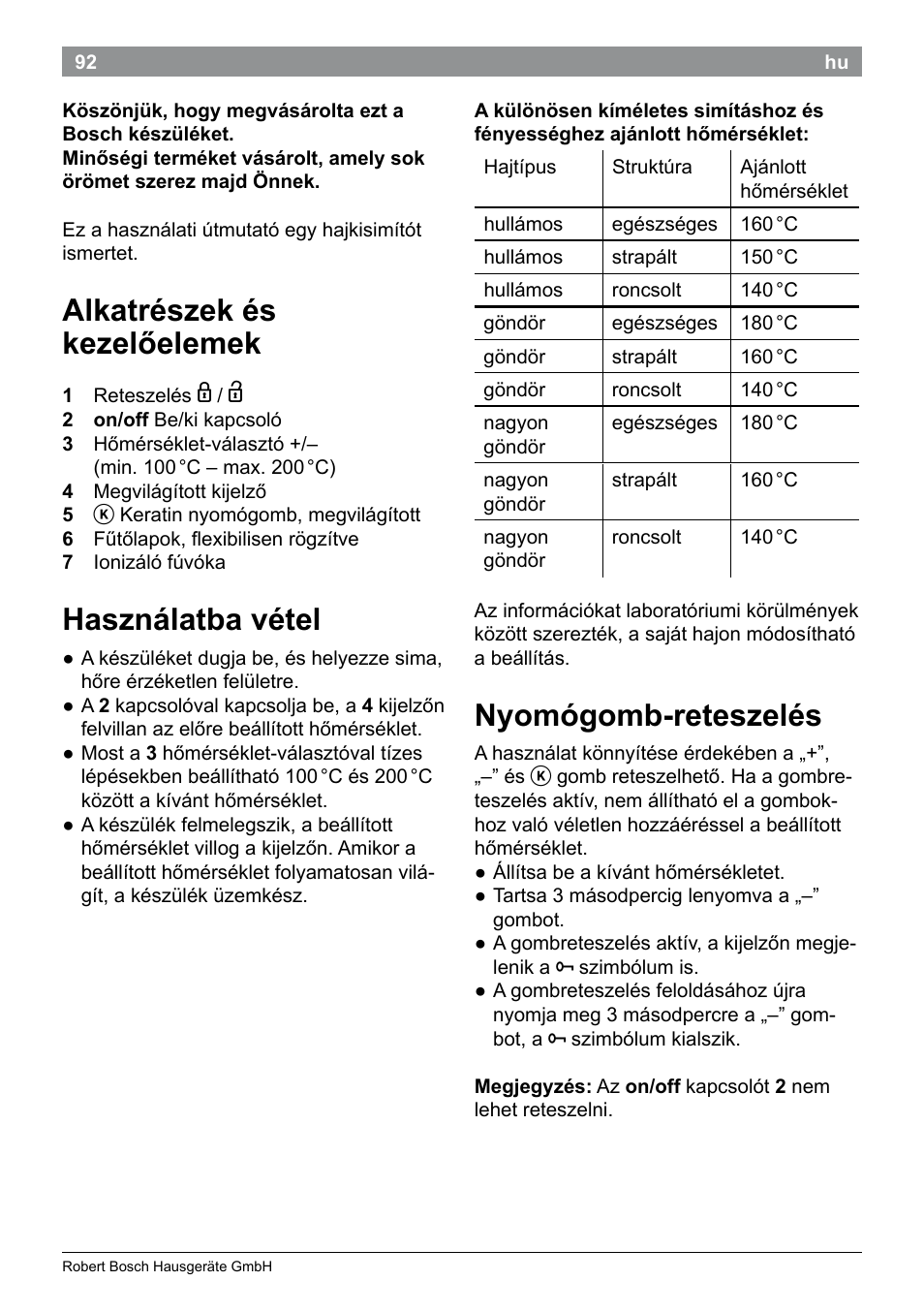 Alkatrészek és kezelőelemek, Használatba vétel, Nyomógomb-reteszelés | Bosch PHS5987S Keratin Advance Haarglätter SYOSS Glanzversiegelungs-Fluid User Manual | Page 96 / 132