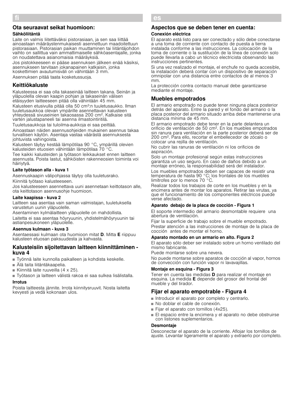 Ota seuraavat seikat huomioon, Keittiökaluste, Laite työtason alla - kuva 1 | Laite kaapissa - kuva 2, Asennus kulmaan ­ kuva 3, Irrotus, Aspectos que se deben tener en cuenta, Muebles empotrados, Aparato debajo de la placa de cocción - figura 1, Aparato montado en un armario en alto. figura 2 | Bosch HBC86K753 Edelstahl Kompaktgerät mit integrierter Mikrowelle User Manual | Page 7 / 10