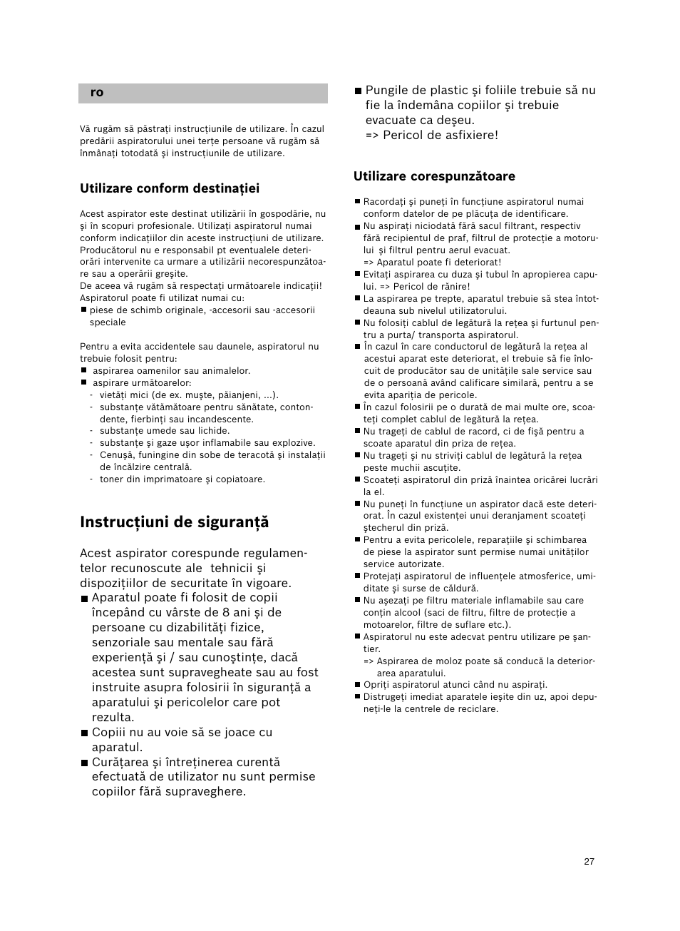 Instrucţiuni de siguranţă | Bosch Bodenstaubsauger Beutel BSGL32400 kirschrot-metallic Bosch GL-30 2400W User Manual | Page 33 / 123