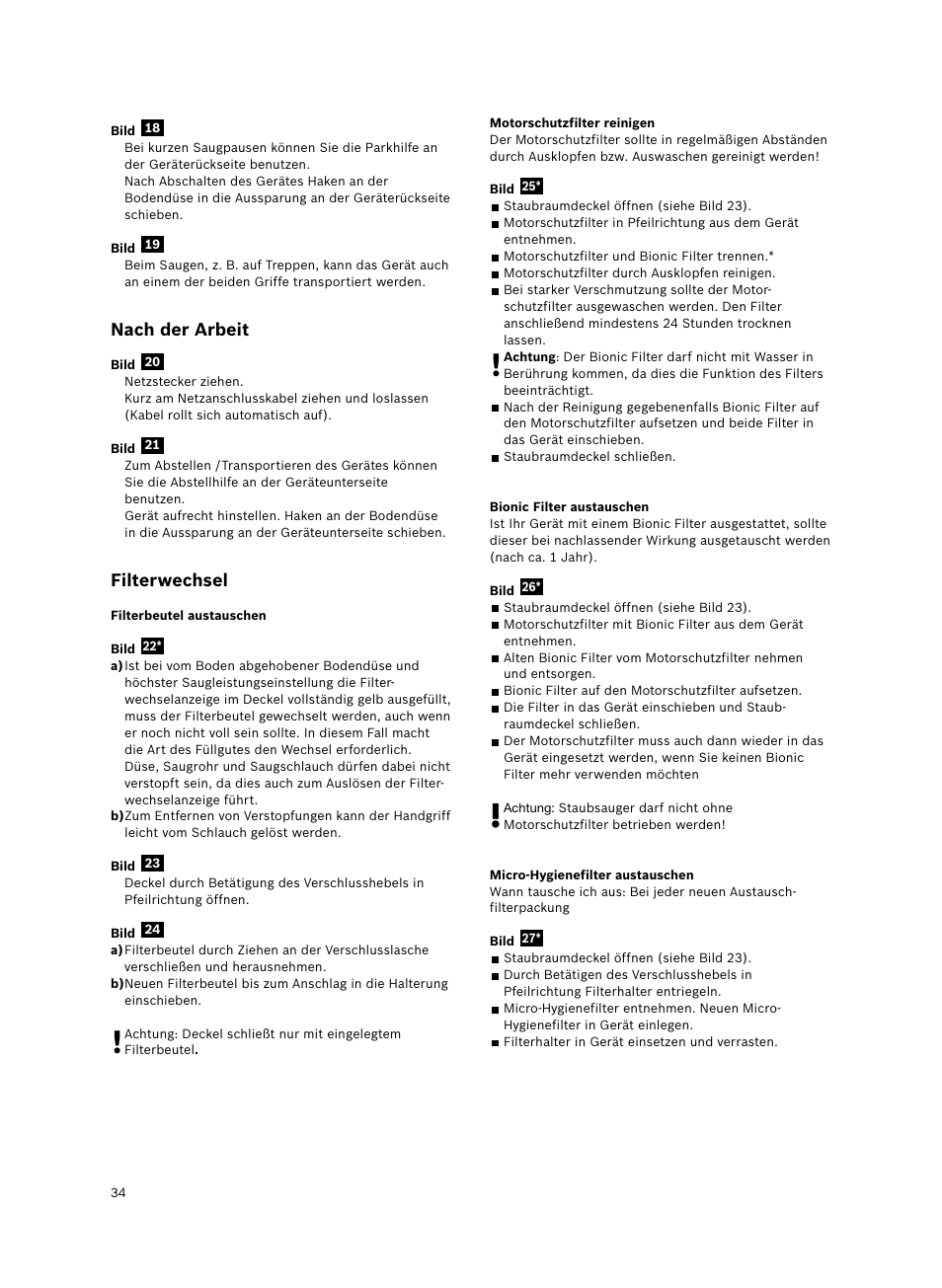 Nach der arbeit, Filterwechsel | Bosch Bodenstaubsauger Beutel BSGL32400 kirschrot-metallic Bosch GL-30 2400W User Manual | Page 40 / 123