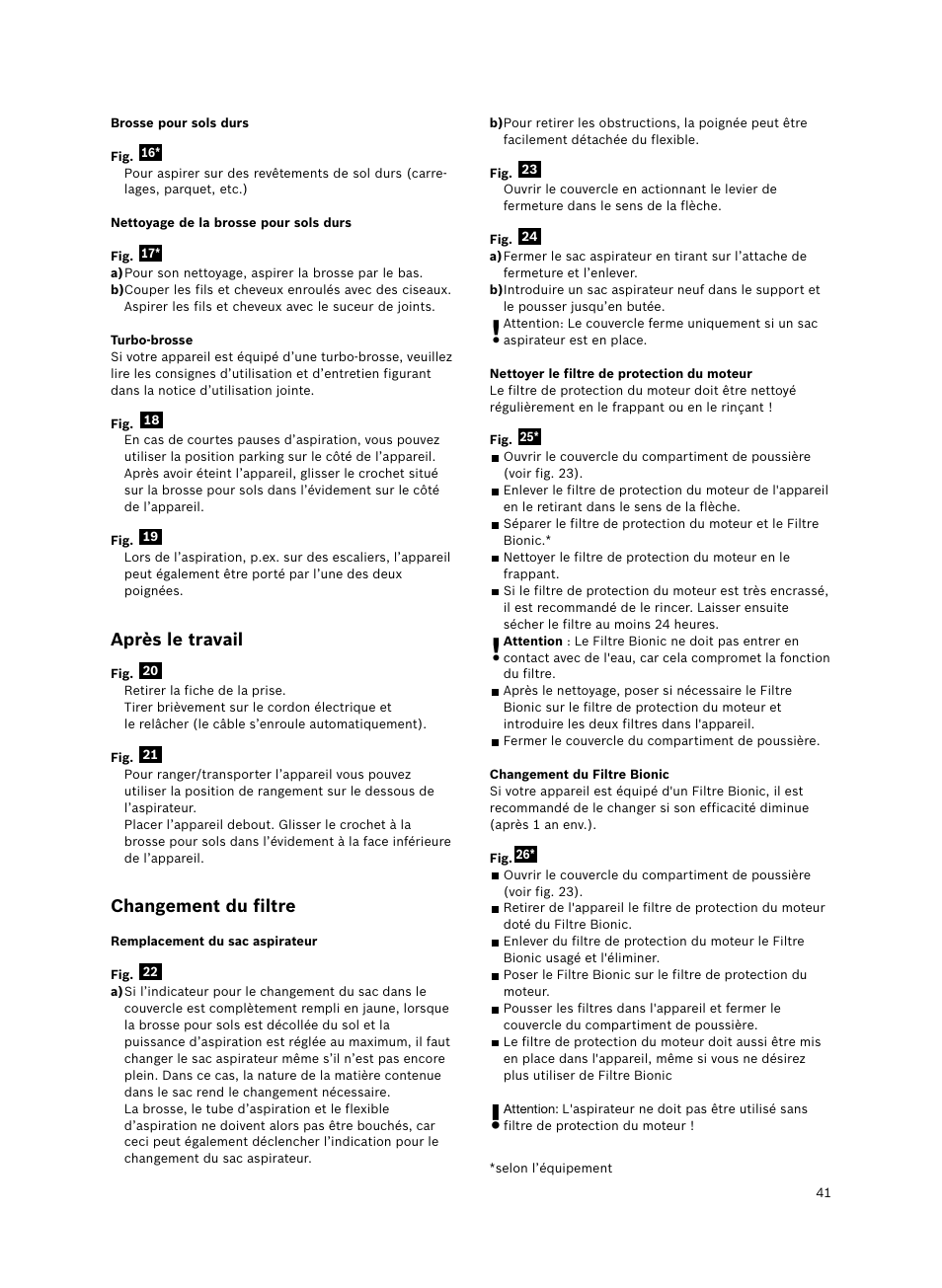 Après le travail, Changement du filtre | Bosch Bodenstaubsauger Beutel BSGL32400 kirschrot-metallic Bosch GL-30 2400W User Manual | Page 47 / 123